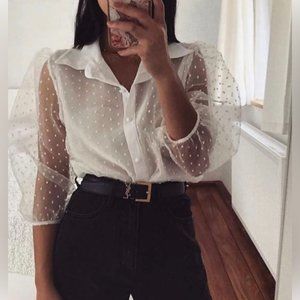 Zara Puff Sleeve Blouse Sheer Dot Organza | White | XS